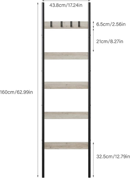 Blanket Ladder, 5-Tier Towel Holder with 4 Removable Hooks, Farmhouse Wall Leaning Decorative Rack Shelf, Wooden Towel Display Rack, Quilt Ladder for Living Room, Bedroom, Greige