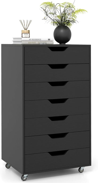 Giantex 7-Drawer Storage Cabinet, Mobile File Organizer with 4 Universal Casters, Wooden Vertical Filing Cabinet on Lockable Wheels for Office, Study, Living Room (19.5” x 16” x 34.5”,Black)