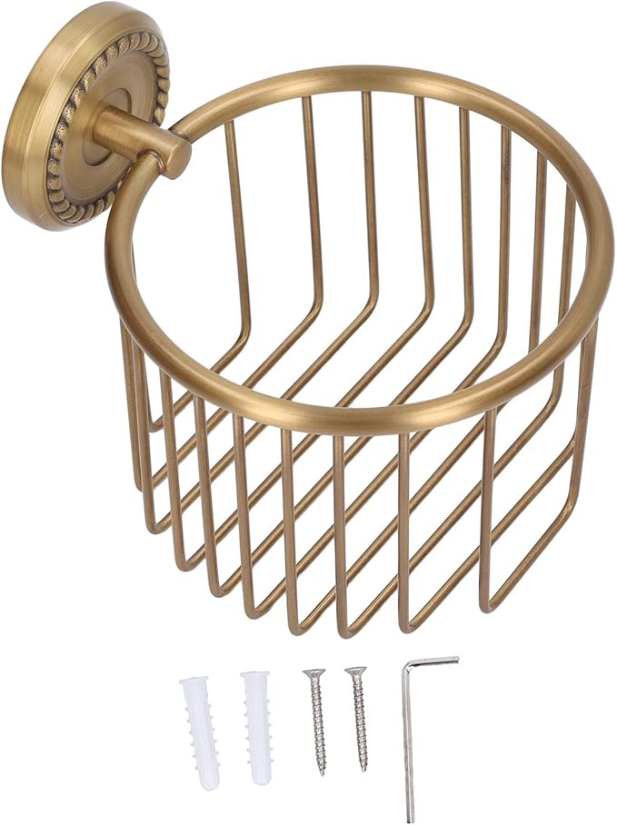 Brass Toilet Paper Holder, Wall Mounted Toilet Paper Holder Vintage Bathroom Roll Basket Antique Tissue Storage Basket for Bathroom