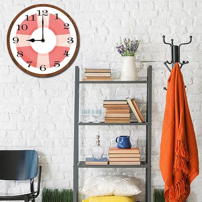 Pink Swimming Circle Wall Clock 10 Inch Wooden Battery Operated Autumn Forest Maple Leaves Wall Clocks Decorative Indoor,Decorative for Kitchen Bathroom Bedroom