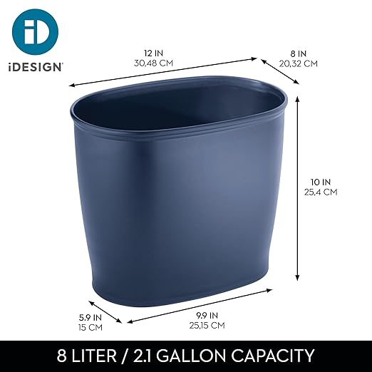 iDesign Slim Plastic Bathroom Trash Can, Small Garbage Bin for Bedroom, Office, Desk, Dorm, Navy Blue
