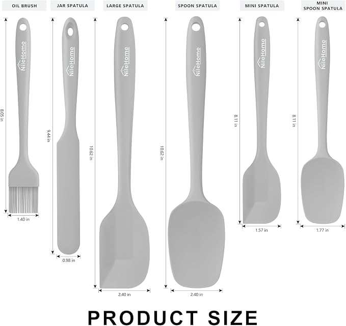 NileHome Silicone Spatula Set, 6 Pieces Food Grade Kitchen Utensils with Silicone Brush Heat Resistant Up to 600°F Dishwasher Safe BPA-Free Rubber Spatula for Scraping, Baking, Cooking, Mixing-Grey