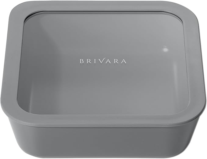 BRIVARA HOME Ceramic Coated Glass Food Storage Container | No PTFE, PFOA, PFAS, and BPA | Reusable Non Toxic Meal Prep Container with Glass Lid | Easy To Store | 8 Cup Square [Smoke]