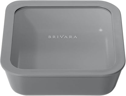 BRIVARA HOME Ceramic Coated Glass Food Storage Container | No PTFE, PFOA, PFAS, and BPA | Reusable Non Toxic Meal Prep Container with Glass Lid | Easy To Store | 8 Cup Square [Smoke]