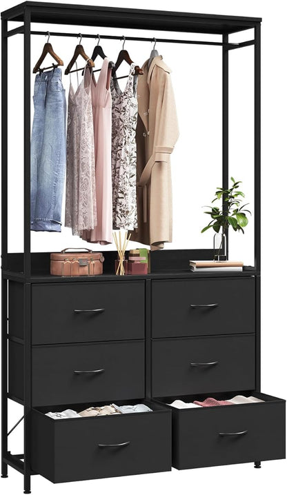 6 Dresser Drawer with Hanging Rack, 2-in-1Tall Dresser for Bedroom/Closet, Fabric Dressers & Chests of Drawers, Sturdy Alloy Steel Frame, Space Saving Closet Organizer