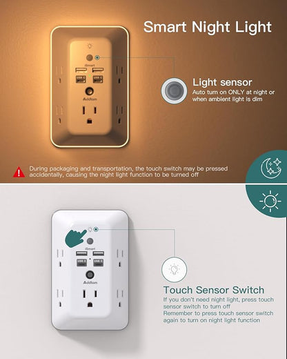 Surge Protector, Outlet Extender with Night Light, Addtam 5-Outlet Splitter and 4 USB Ports(2 USB C), USB Wall Charger Power Strip, Multi Plug Outlet for Home, Office, School, ETL Listed