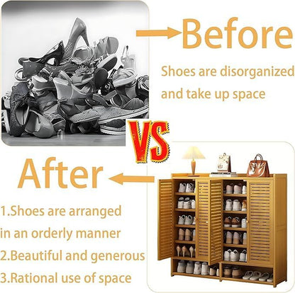 Bamboo Shoe Cabinet with Doors, 8-Tier Shoe Rack for Closet, 38-41 Pairs Freestanding Shoe Storage Cabinet for Hallway Living Room (Brown-03)