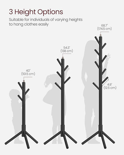 VASAGLE Solid Wood Coat Rack, Free Standing Tree-Shaped Coat Rack with 8 Hooks, 3 Height Options, for Clothes, Hats, Bags, Living Room, Bedroom, Home Office, Black URCR04BK