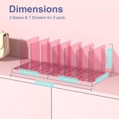 SortNStore Purse Organizer for Closet: Shelf Dividers Adjustable Acrylic Bag Closet Organizers and Storage Pink 4 Bases 14 Shelves