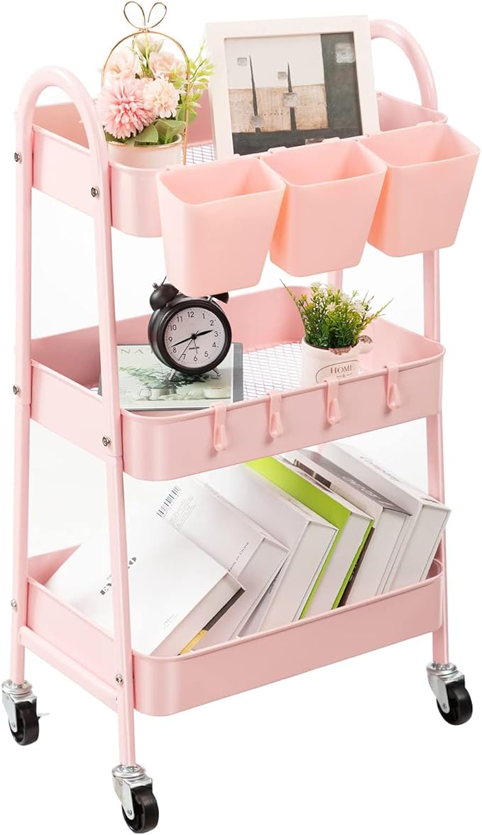 danpinera 3-Tier Rolling Cart, Utility Cart Mobile Metal Rolling Storage Cart with Lockable Wheels & Hanging Cups & Hooks for Kitchen, Bathroom, Office, Workshop, Pink