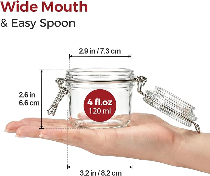 Mini Jam Jars, 4oz Small Glass Jars with Airtight Lids (Set of 6), Leakproof Mason Jars with Gift Labels & Hemp Rope, Straight-Sided for Homemade Preserves, Honey, DIY Crafting, Wedding Favors