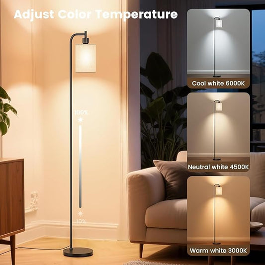 RGB Floor Lamp with Linen Shade, Dimmable Tall Standing Lamp with Remote Control, Color Changing Floor Lamps for Living Room Bedroom Gaming Room, 9W RGB Bulb Included