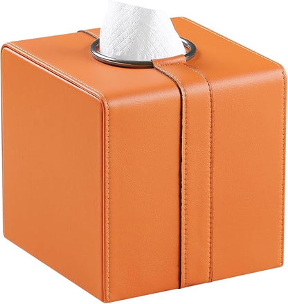 MEIBOOCH Square Tissue Box Cover, Luxury PU Leather Tissue Holder with Magnetic Closure (Orange)