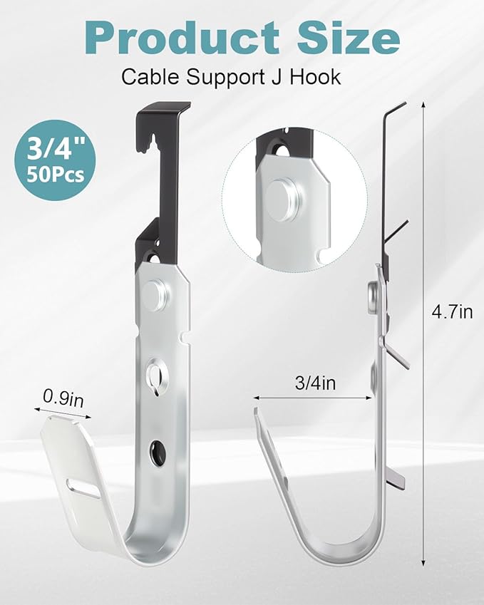 50 Pcs Metal J Hooks Cable Support 3/4 Inch j Hook Hangers, Wall Mounted Galvanized Cable Support J Hooks for Hanging, J Hook with Bat Wing for Wire Management