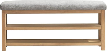 Shoe Rack Bench with Cushion, 2 Tier Solid Wood Storage Bench, Mid-Century Modern Shoe Bench for Entryway, Hallway, Closet, Front Door Entrance, Foyer (Grey, 46.5")