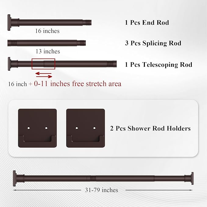 UIOSANRT Brown Shower Curtain Rod 31-79 inches, Stainless Steel Shower Rod & Tension Rod, Adjustable Tension Shower Curtain Rod for Bathroom, Windows, Closet