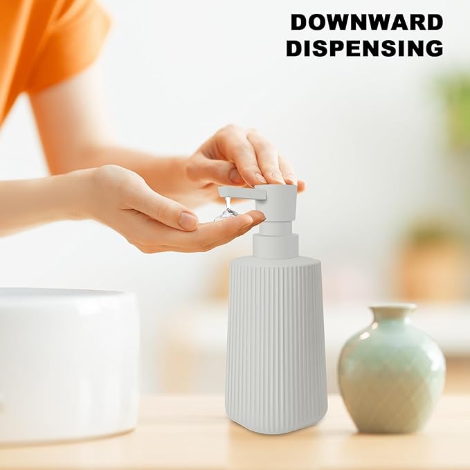 2 Pack Glass Small Soap Dispenser for Bathroom and Kitchen 250ml/8.5oz Dish Soap Dispenser Modern Farmhouse Striped Style Hand Soap Dish Soap Dispenser with Pump (Beige)