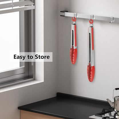 2 Pack Silicone Kitchen Tongs – 9" & 12" Set, Heat Resistant up to 500°F, Non‑Stick Cookware Safe, Wavy Silicone Tips, BPA Free, Locking Clip & Hanging Loop, Red