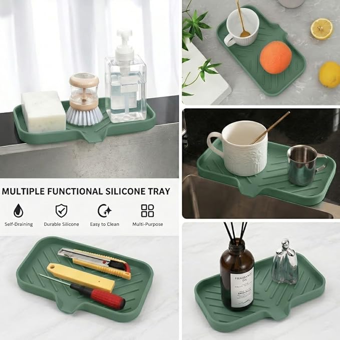 MicoYang Silicone Soap Dish with Drain Spout — Self-Draining Sink Organizer Tray for Bathroom & Kitchen, Sponges, Dispensers & Soap Holder, Non-Slip & Dishwasher Safe, Green (Medium, 9.6"×5.3")