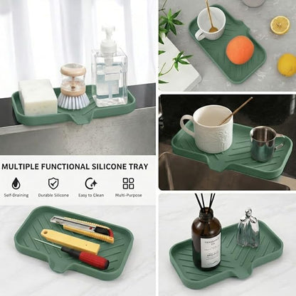 MicoYang Silicone Soap Dish with Drain Spout — Self-Draining Sink Organizer Tray for Bathroom & Kitchen, Sponges, Dispensers & Soap Holder, Non-Slip & Dishwasher Safe, Green (Medium, 9.6"×5.3")