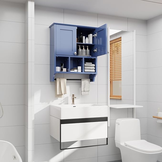Over-The-Toilet Bathroom Storage Cabinet with Towel Bar, Space-Saving Wall Mounted Medicine Cabinet, 2 Doors & 1 Adjustable Shelf, Easy Install Blue Finish for Bathroom, Kitchen, Living Room