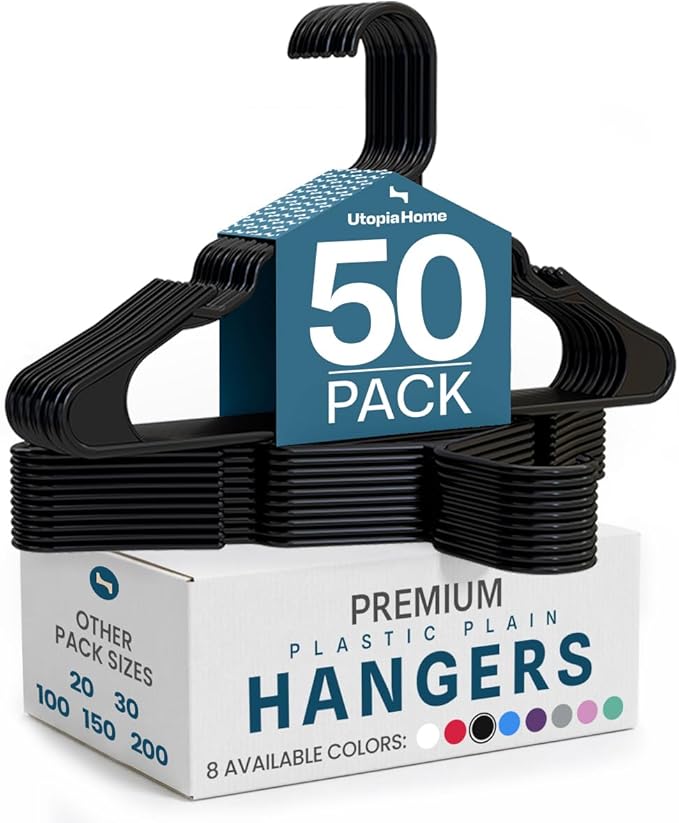 Utopia Home - Plastic Hangers 50 Pack - Space Saving Clothes Hanger - Durable and Strong Closet Organizers and Storage Makes It Ideal Stocking Stuffers or Apartment or Dorm Room Essentials (Black)