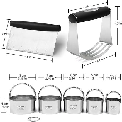 HULISEN Stainless Steel Biscuit Cutter Set, Pastry Scraper and Dough Blender, Sturdy & Long-Lasting with Ergonomic Rubber Grip, Professional Baking Dough Tools, Gift Package (3 Pcs/Set)