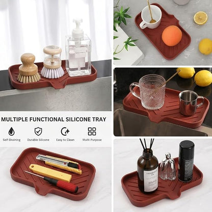 MicoYang Silicone Soap Dish with Drain Spout — Self-Draining Sink Organizer Tray for Bathroom & Kitchen, Sponges, Dispensers & Soap Holder, Non-Slip & Dishwasher Safe, Red (Medium, 9.6"×5.3")