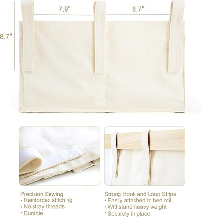 Mkono Bedside Caddy Hanging Organizer, Bunk Woven 7 Pockets Bed Storage Bag Boho Remote Magazine Books Holder with Macrame for Loft Bed College Dorm Bedroom Baby Bed Rails, Ivory
