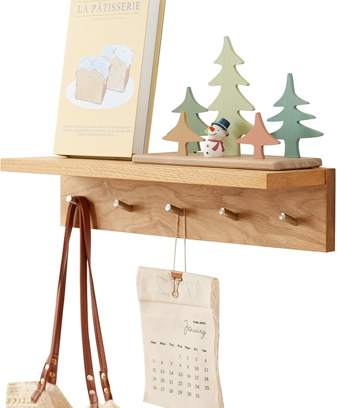 Wall Hooks with Shelf Oak Wood Coat Rack Shelf Wall Mounted, Entryway Shelves with 5 Metal Hangers for Clothes Hats Towel for Bathroom, Bedroom, Living Room (Natural, 20 inches)
