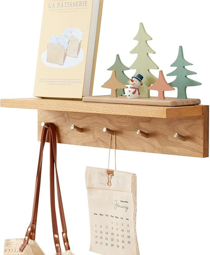 Wall Hooks with Shelf Oak Wood Coat Rack Shelf Wall Mounted, Entryway Shelves with 5 Metal Hangers for Clothes Hats Towel for Bathroom, Bedroom, Living Room (Natural, 20 inches)