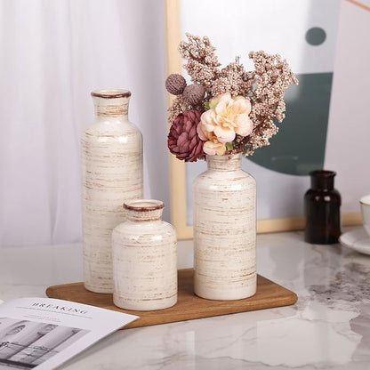 Ceramic Vase Set - 3 Ceramic Small Vases, Farmhouse Country Flower Vase Home Decor, Living Room Decoration, Table Decoration, Fireplace Decor, and Entrance Decorations Centerpieces