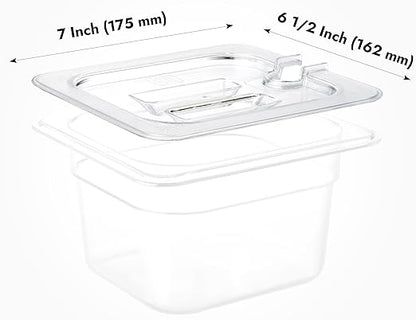 CURTA 6 Pack Food Pan Lids, 1/6 Size Polycarbonate Notched Cover with Handle, Plastic Clear