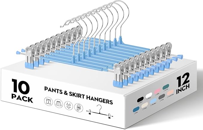 Pants Hangers with Clips 10PACK Adjustable Skirt Hangers for Women Metal Non-Slip Trousers Hanger Heavy Duty Space Saving Clothes Hanger for Shorts,Jeans,12Inch Sky Blue