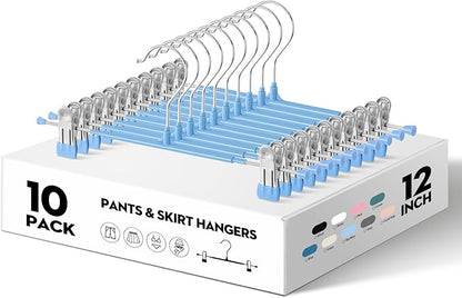 Pants Hangers with Clips 10PACK Adjustable Skirt Hangers for Women Metal Non-Slip Trousers Hanger Heavy Duty Space Saving Clothes Hanger for Shorts,Jeans,12Inch Sky Blue