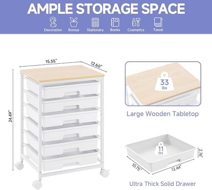 SYKIARIOL Rolling Cart with Drawers,Utility Cart with 6 Drawers,Rolling Storage Cart with Drawers and Wooden Tabletop & Lockable Wheel,White
