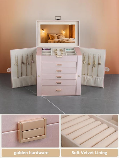 BOOVO Jewelry Box For women, 6 Layer Large Jewelry Organizer With Mirror, Multi-Function Storage Box With Lock, Necklace Holder With 5 Drawers, For Earrings Necklace Bracelet (Rose Gold and Gold)
