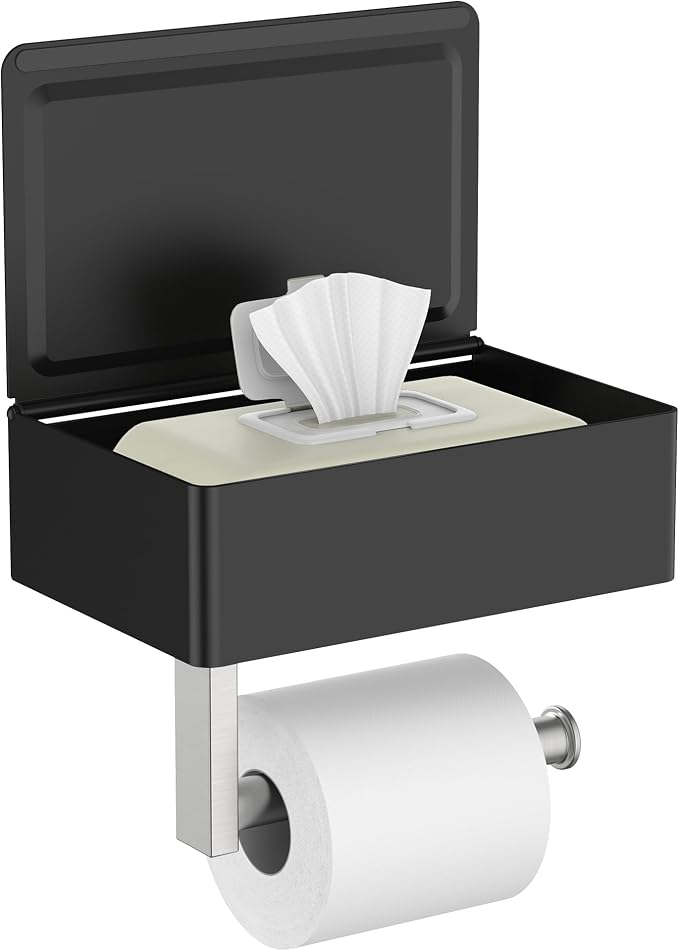FORIOUS Toilet Paper Holder with Shelf, Sanitary Napkin Receptacle Tampon Holder, Wall Mount Toilet Paper Holder with Storage, Flushable Wipes Dispenser Fits for Bathroom Commercial Black & Nickel