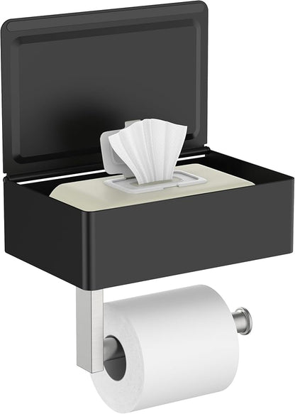 FORIOUS Toilet Paper Holder with Shelf, Sanitary Napkin Receptacle Tampon Holder, Wall Mount Toilet Paper Holder with Storage, Flushable Wipes Dispenser Fits for Bathroom Commercial Black & Nickel