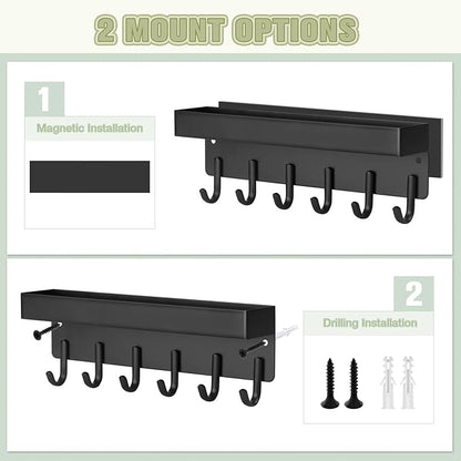 VIS'V Magnetic Key Holder Wall Mount, Compact Metal Key Rack with Tray, 6 Hooks, 2 Mount Options, Black