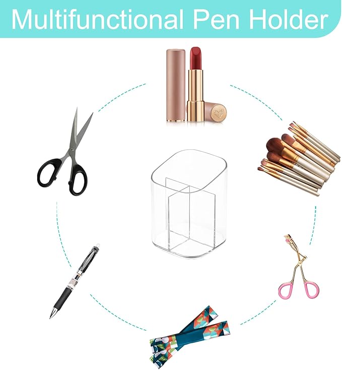 Acrylic Clear 3 Slots Pencil Pen Holder for Desk, Desktop Makeup Brush Storage Organizer Pen Cup Stand for Office School Home