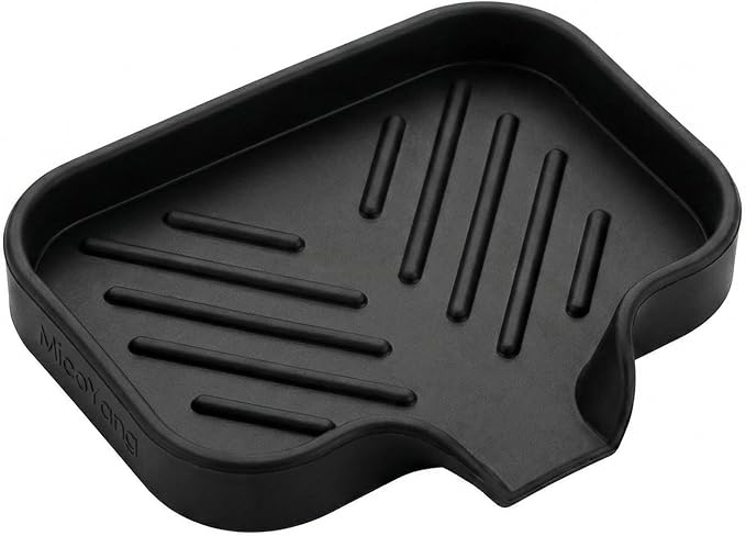 MicoYang Silicone Soap Dish with Drain Spout, Self-Draining Sink Organizer Tray for Bathroom and Kitchen, Sponges, Dispensers and Soap Holder, Non-Slip and Dishwasher Safe, Black (Compact, 4.9"×3.2")