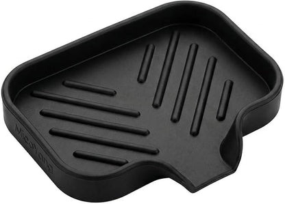 MicoYang Silicone Soap Dish with Drain Spout, Self-Draining Sink Organizer Tray for Bathroom and Kitchen, Sponges, Dispensers and Soap Holder, Non-Slip and Dishwasher Safe, Black (Compact, 4.9"×3.2")
