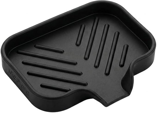 MicoYang Silicone Soap Dish with Drain Spout, Self-Draining Sink Organizer Tray for Bathroom and Kitchen, Sponges, Dispensers and Soap Holder, Non-Slip and Dishwasher Safe, Black (Compact, 4.9"×3.2")