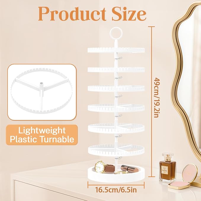 iDavosic.ly 6 Tier Rotating Earring Holder Organizer with Wooden Tray, Large Dangle Display Stands Tree with 342 Plastic Grooves, Adjustable Hoop Storage Rack, Space Saving Tower, White