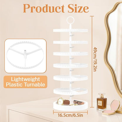 iDavosic.ly 6 Tier Rotating Earring Holder Organizer with Wooden Tray, Large Dangle Display Stands Tree with 342 Plastic Grooves, Adjustable Hoop Storage Rack, Space Saving Tower, White