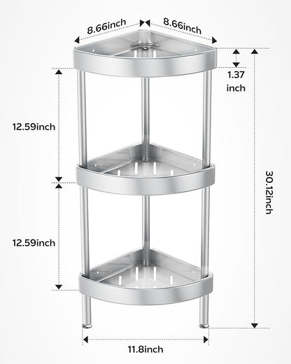 Nieifi Corner Shower Caddy Stand-3 Tier Rustproof Anodized Aluminum Standing Shower Organizer-Shower Caddy Corner-Dual Stability to Anti-Shaking-Height-Adjustable Legs for Uneven Surfaces-Silver