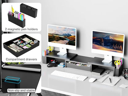 Spacrea Metal Desk Organizers and Accessories, Dual Monitor Stand Riser with Drawer and 2 Pen Holders, Book Racks, Desk Accessories & Workspace Desktop Organizers for Office Supplies (Black)