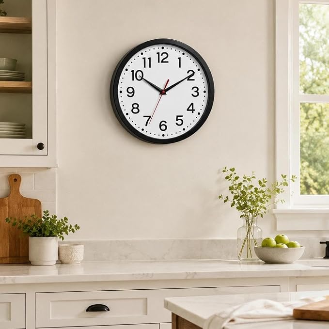 Roymnie Wall Clock Silent Non-Ticking Modern Clock Battery Operated 12 Inch Classic Analog Decorative for Classroom, Living Room, Office, Bedroom, School, Hotel (Black)