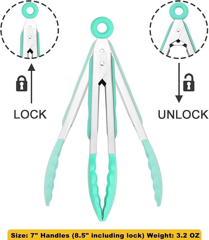 HINMAY Mini Tongs with Silicone Tips 7 Inches Silicone Cooking Tongs, Set of 3 (Mint)